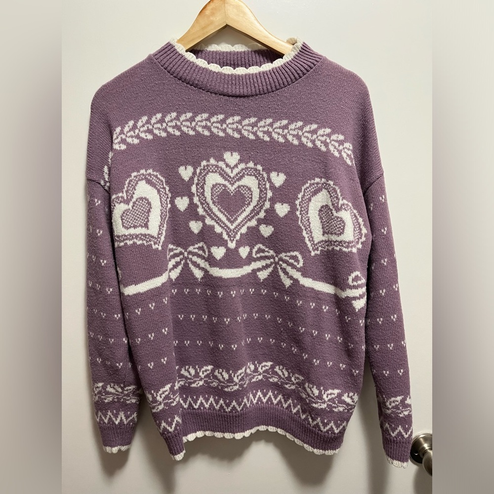 Vintage 1980's Liz Baker Sport Sweater Bows And Hearts Purple Size 1X USA Made